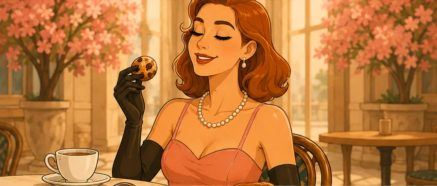 SÉRAPHINE disfrutando de una galleta con café
