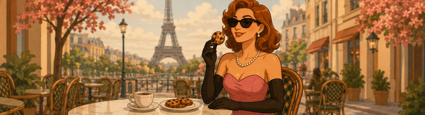 Ilustración de SÉRAPHINE con una galleta en una terraza de París