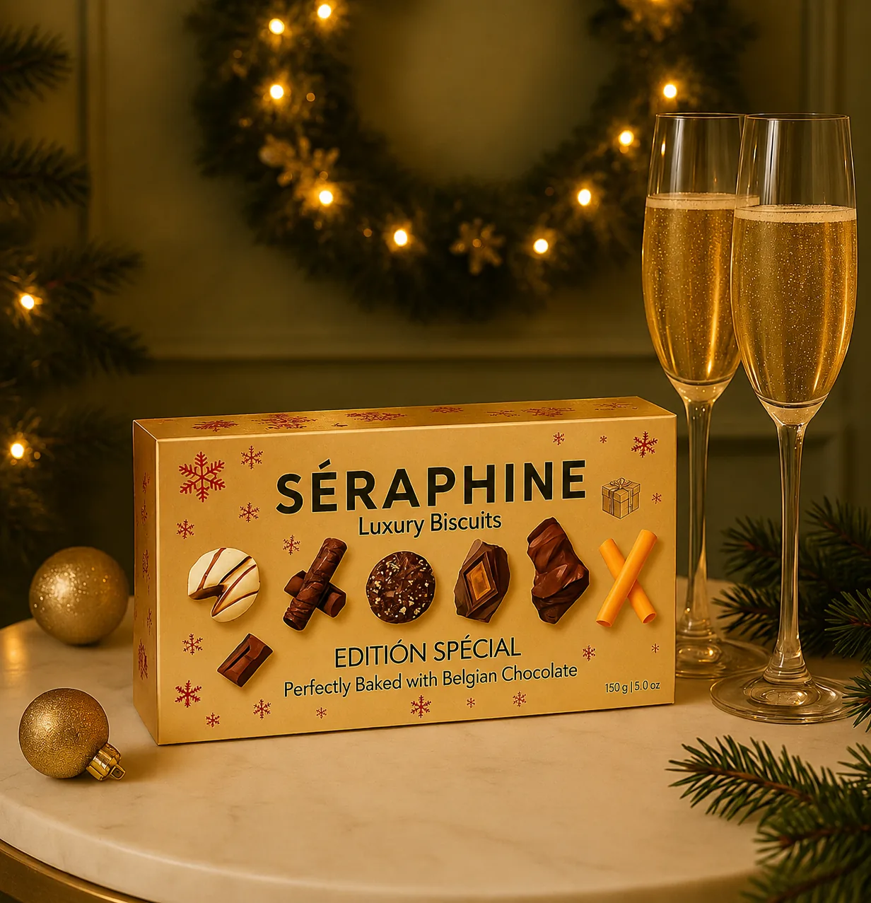Caja dorada SÉRAPHINE Winter Limited Edition con copas de cava