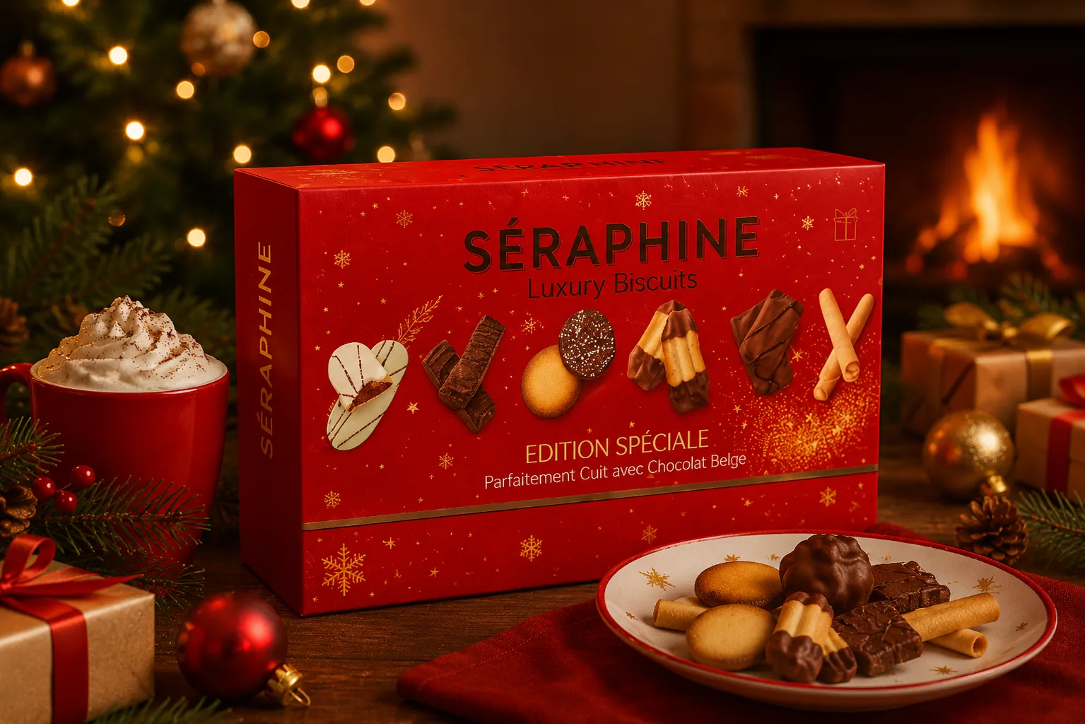 Caja roja SÉRAPHINE Winter Limited Edition junto a la chimenea